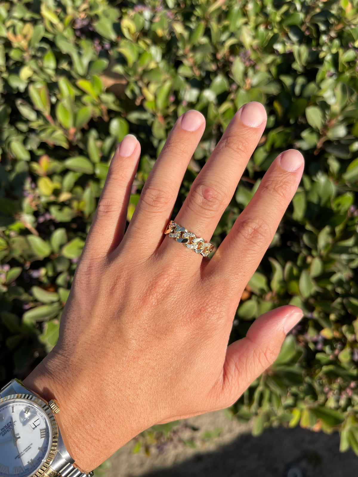 Polished Half Diamond Cuban Link Ring Solid 14K Gold MR030