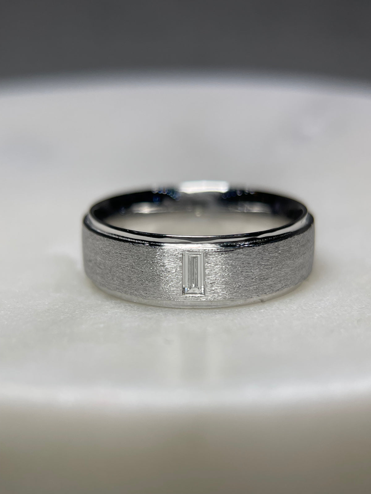 0.15ct Brushed Single Bezel Emerald Cut Diamond Wedding Band 14K Gold MR022