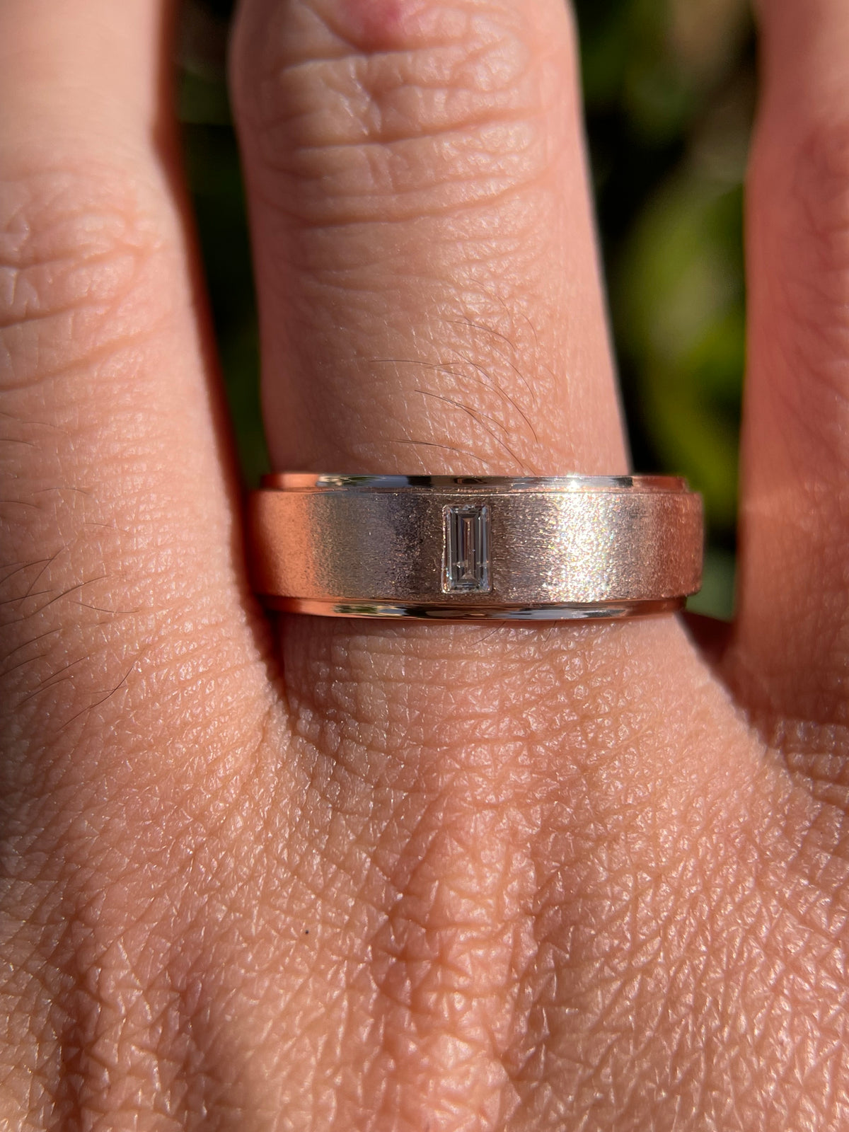 0.15ct Brushed Single Bezel Emerald Cut Diamond Wedding Band 14K Gold MR022