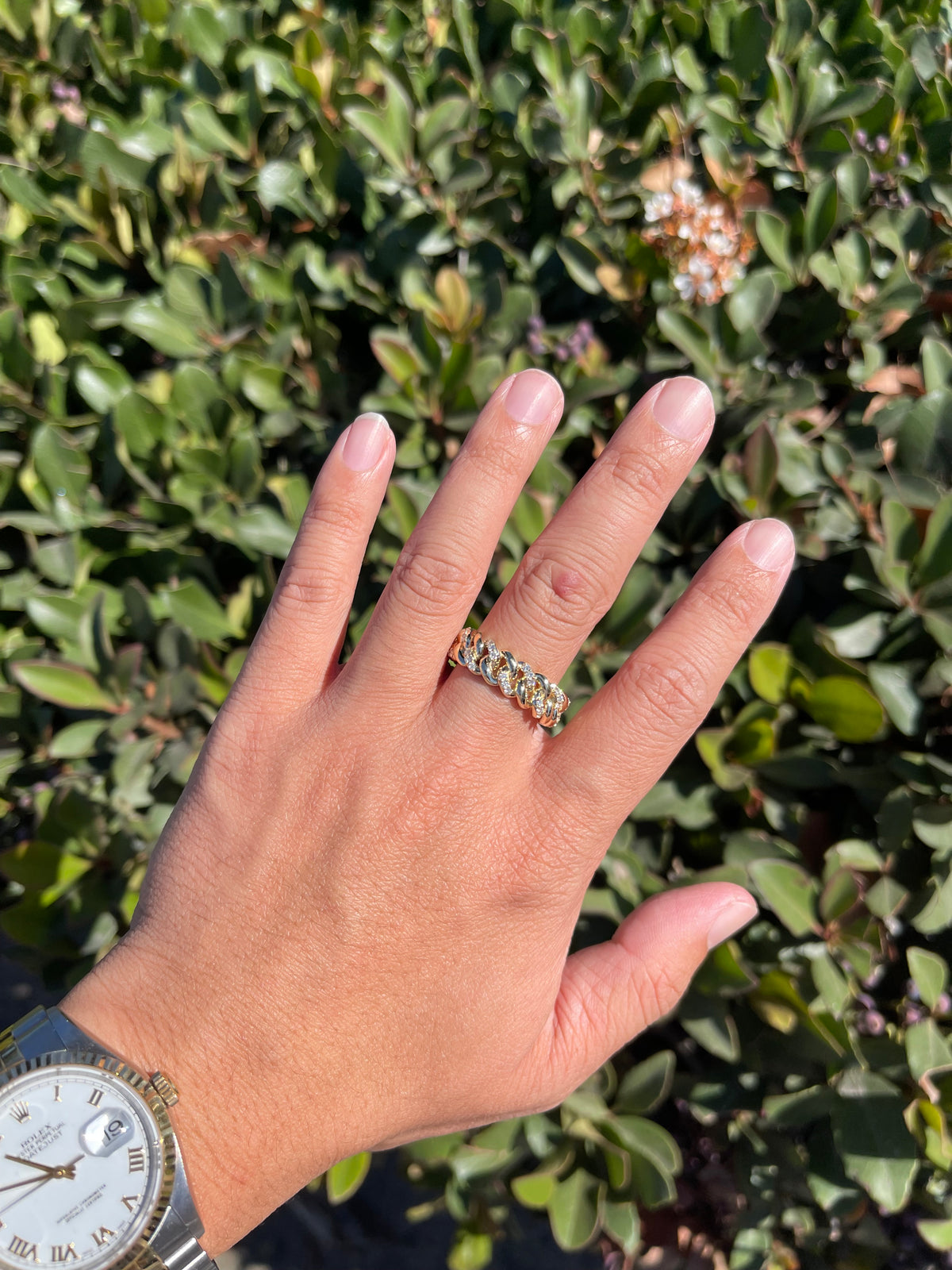 0.52ct Polished Half Diamond Rounded Cuban Link Ring Solid 14K Gold MR032