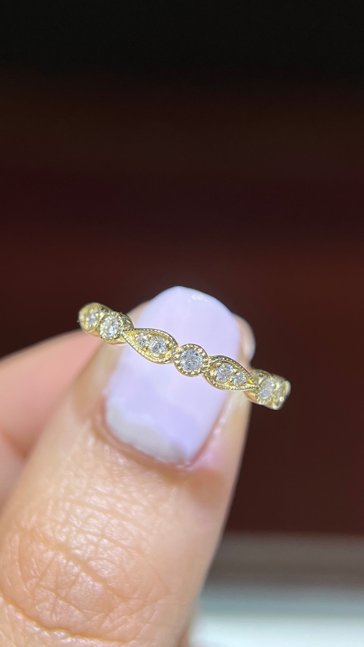 0.21ct Milgrain Beaded Pear and Round Bezel Diamond Band 14K Gold BAN104
