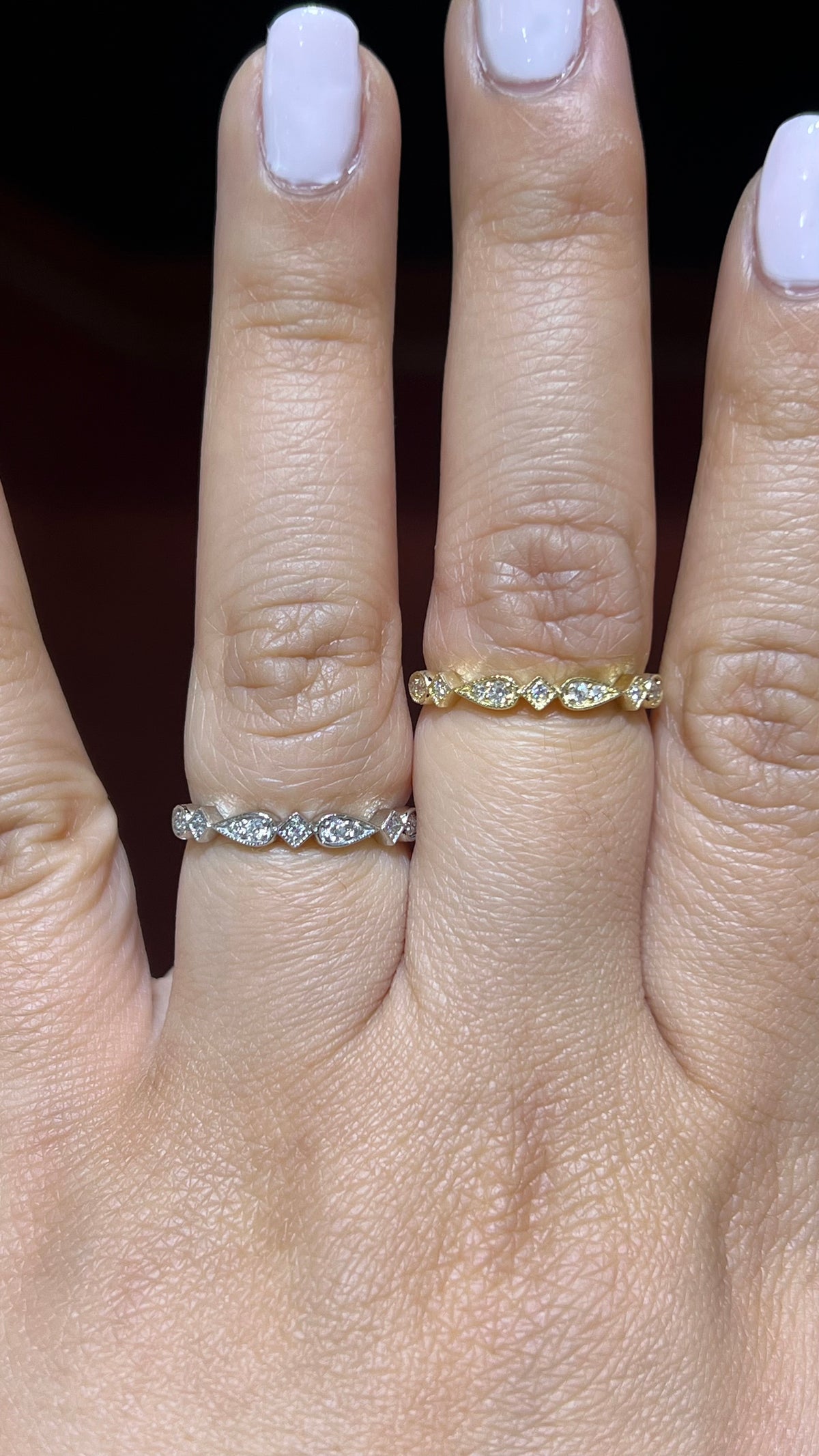 0.14ct Milgrain Beaded Pear and Square Diamond Wedding Band 14K Gold BAN106