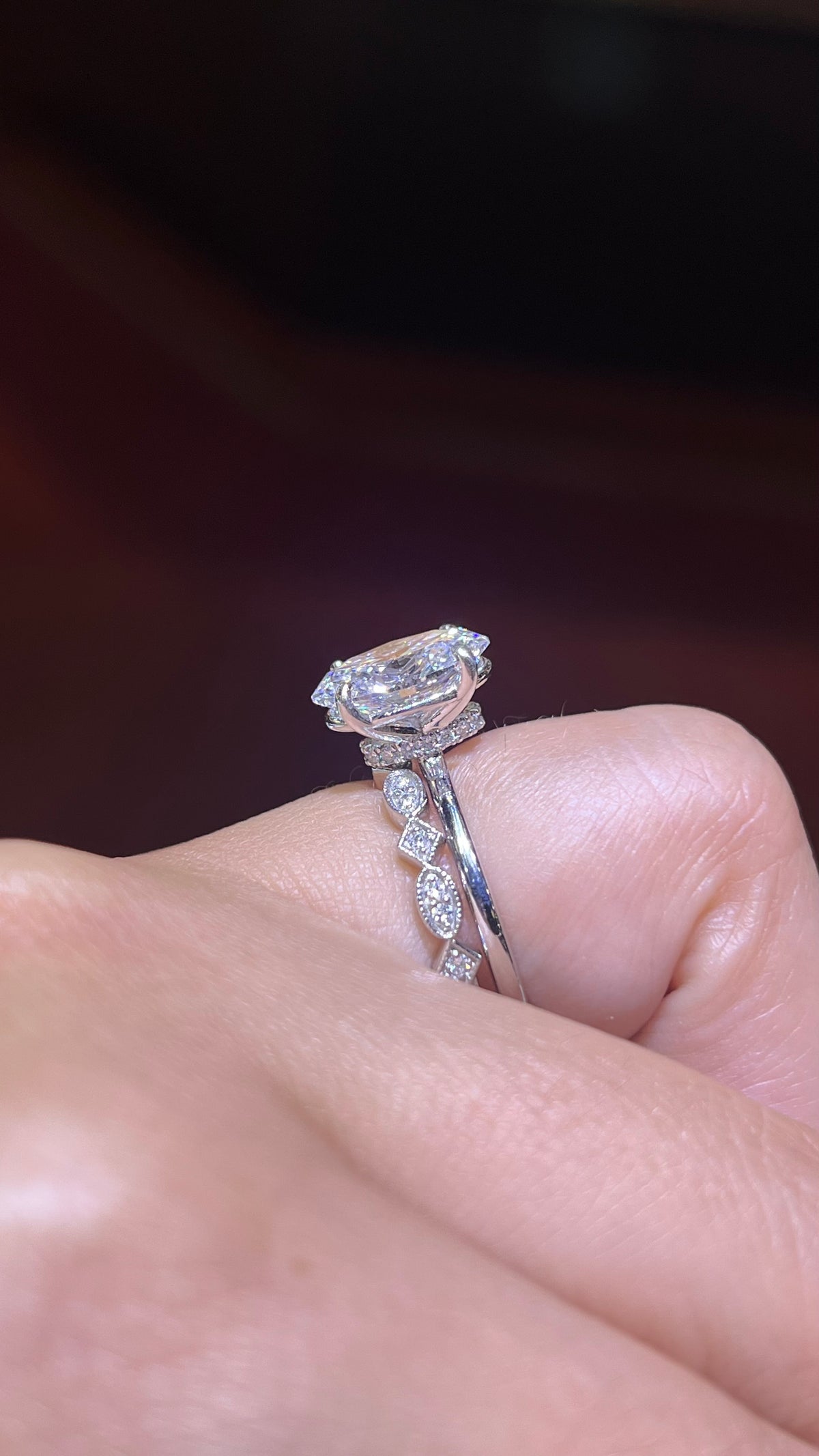 0.20ct Milgrain Beaded Oval and Square Diamond Wedding Band 14K Gold BAN113