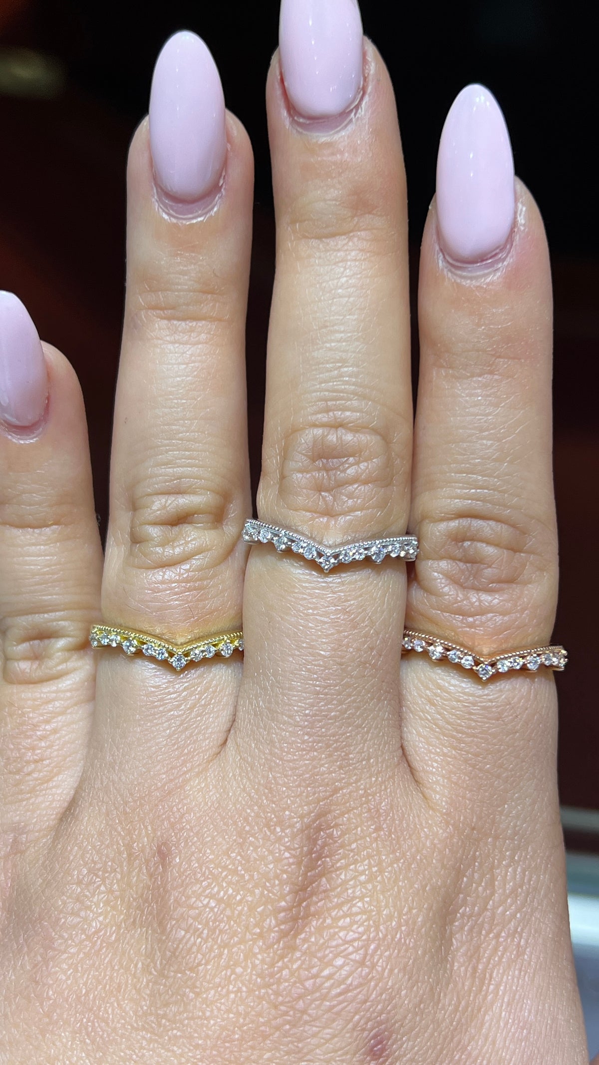 Beaded Shared Prong Diamond Chevron Band 14K Gold BAN176