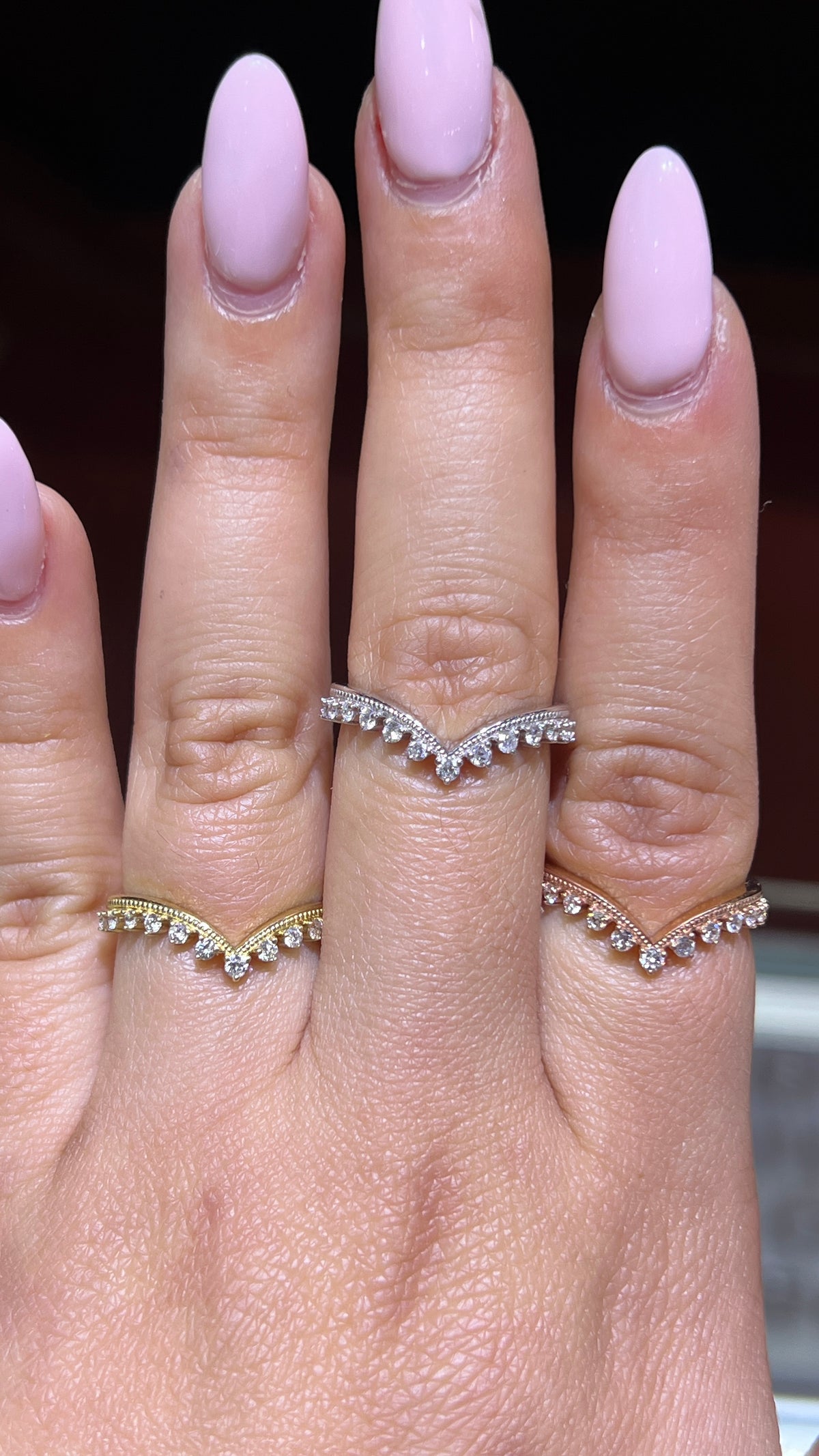 Beaded 3-Prong Diamond Chevron Band 14K Gold BAN177