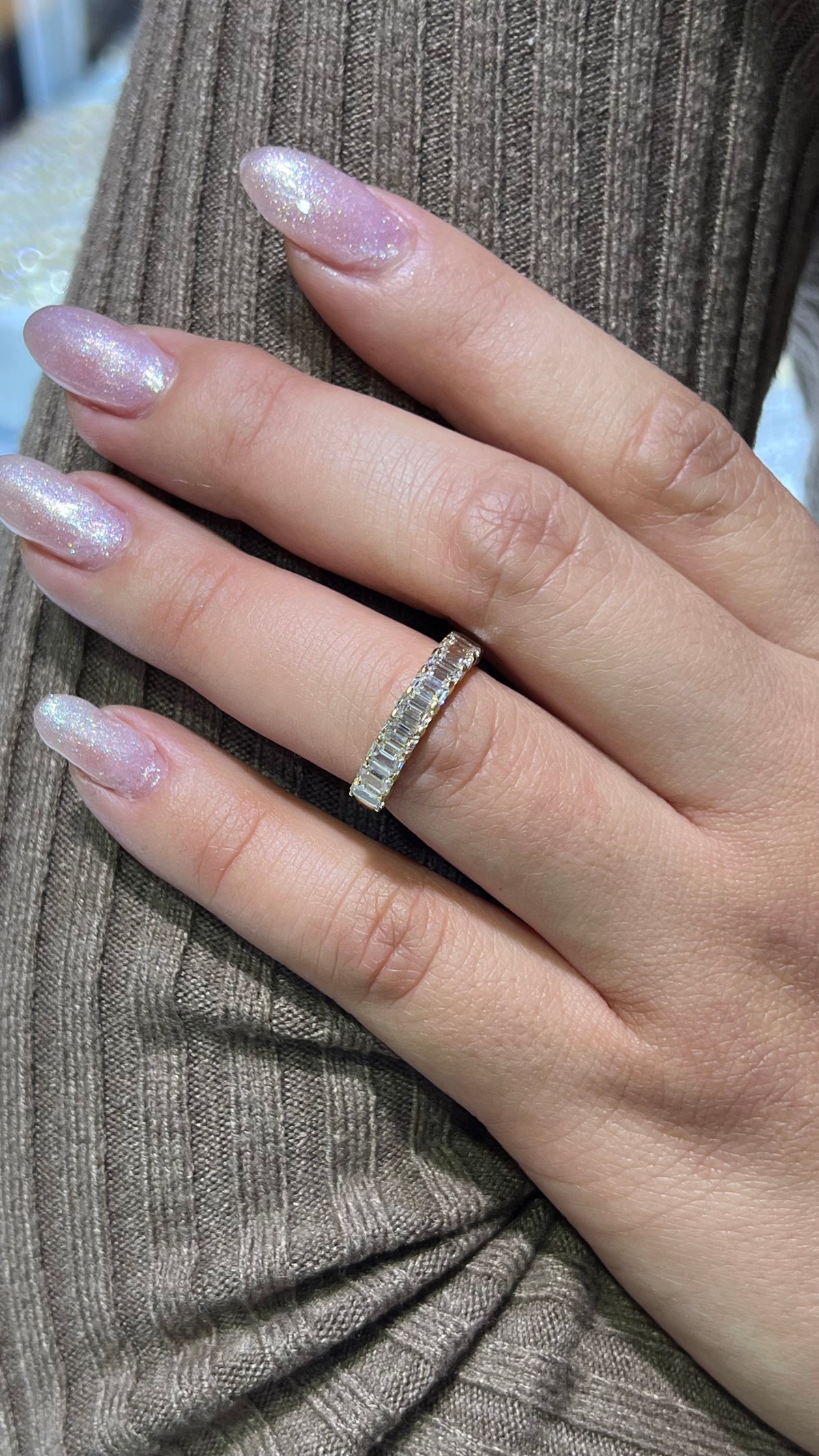 Larger Emerald Diamond Shared Prong Gold Band 14K Gold BAN194