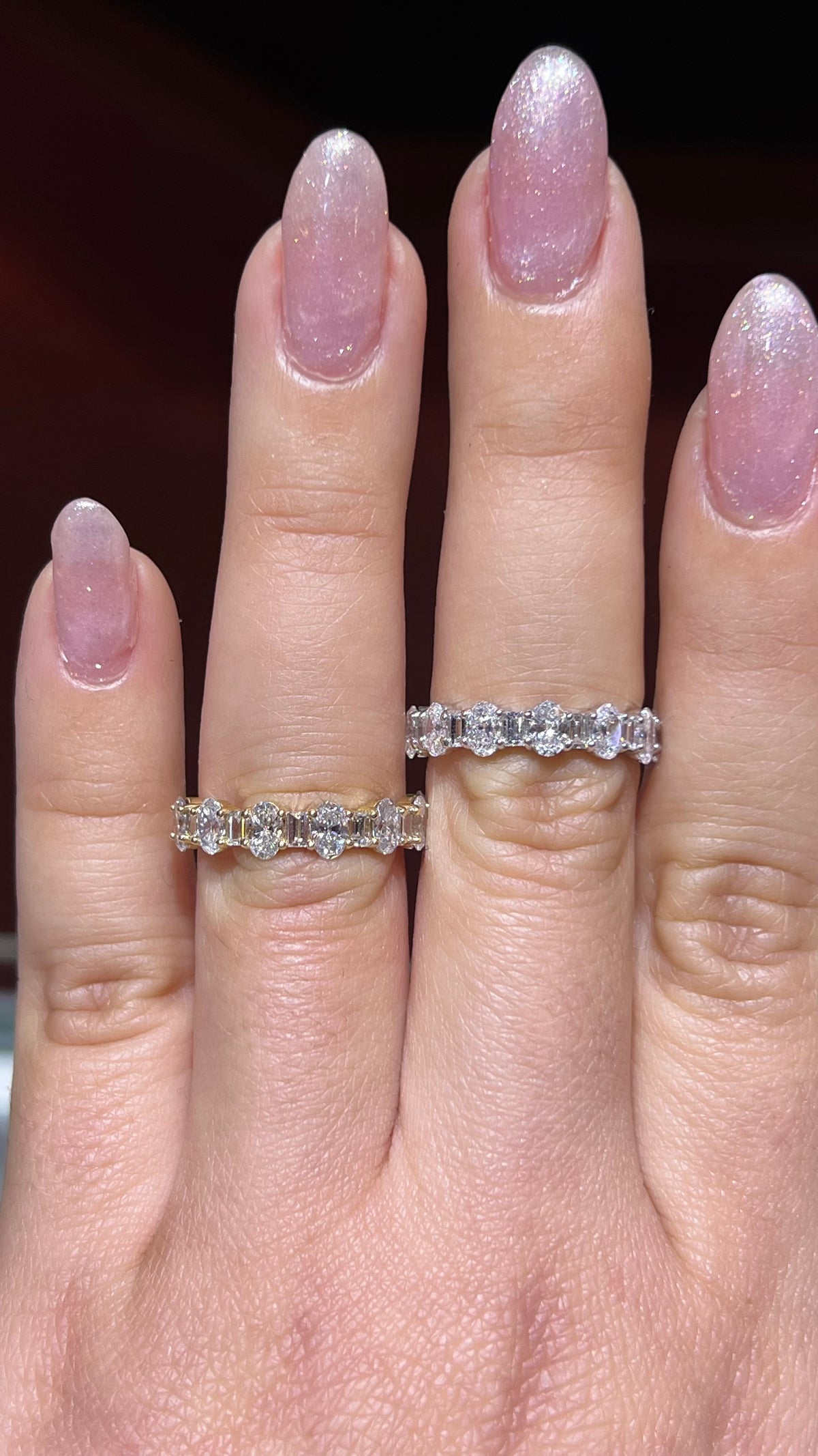 Alternating Oval and Baguette Diamond Band 14K Gold BAN198