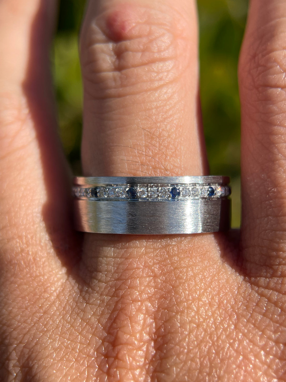 Brushed Off-Center Sapphire and Diamond Wedding Band 14K Gold MR014