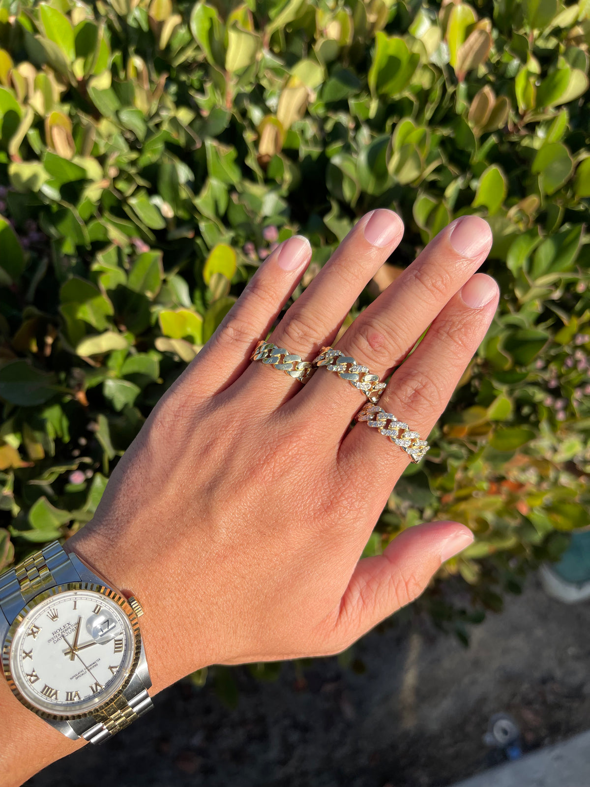 Polished Half Diamond Cuban Link Ring Solid 14K Gold MR030