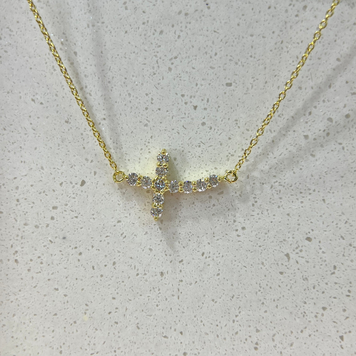 0.9mm Rolo Chain w/ Small Diamond Cross Necklace 14K Solid Gold DFN001