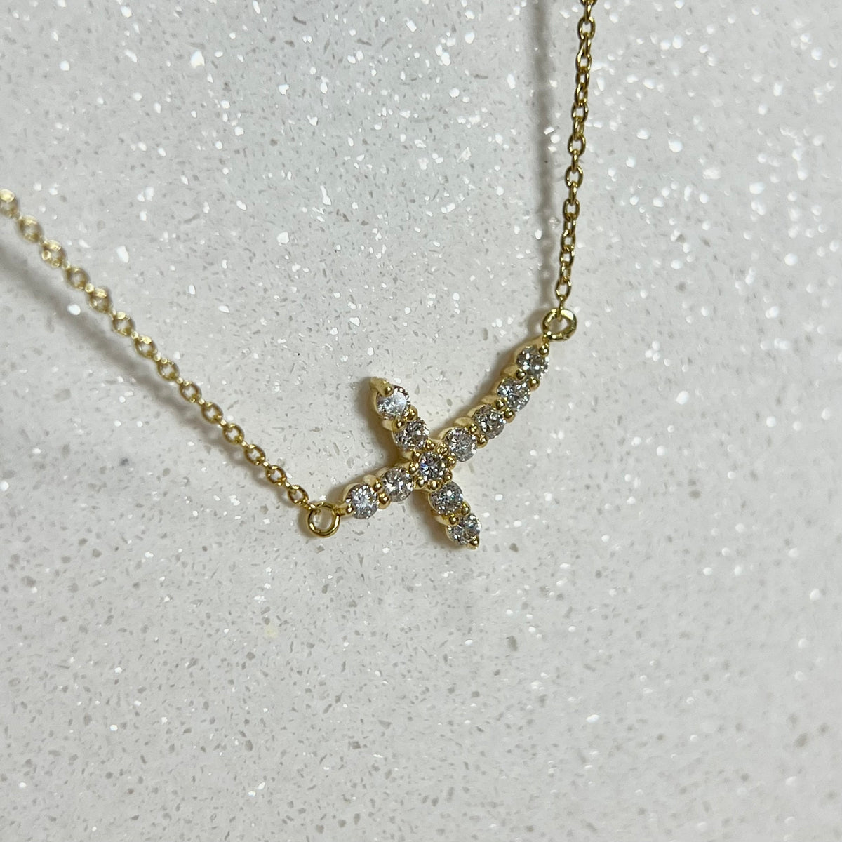0.9mm Rolo Chain w/ Small Diamond Cross Necklace 14K Solid Gold DFN001