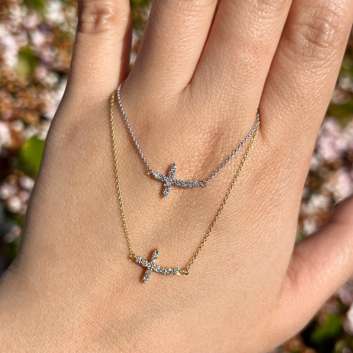 0.9mm Rolo Chain w/ Small Diamond Cross Necklace 14K Solid Gold DFN001