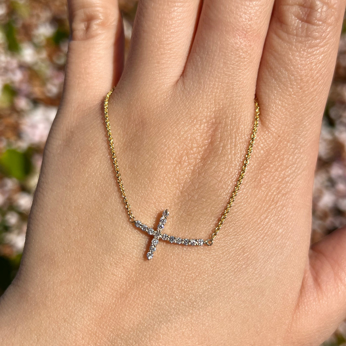 1.3mm Rolo Chain w/ Large Diamond Cross Necklace 14K Solid Gold DFN002