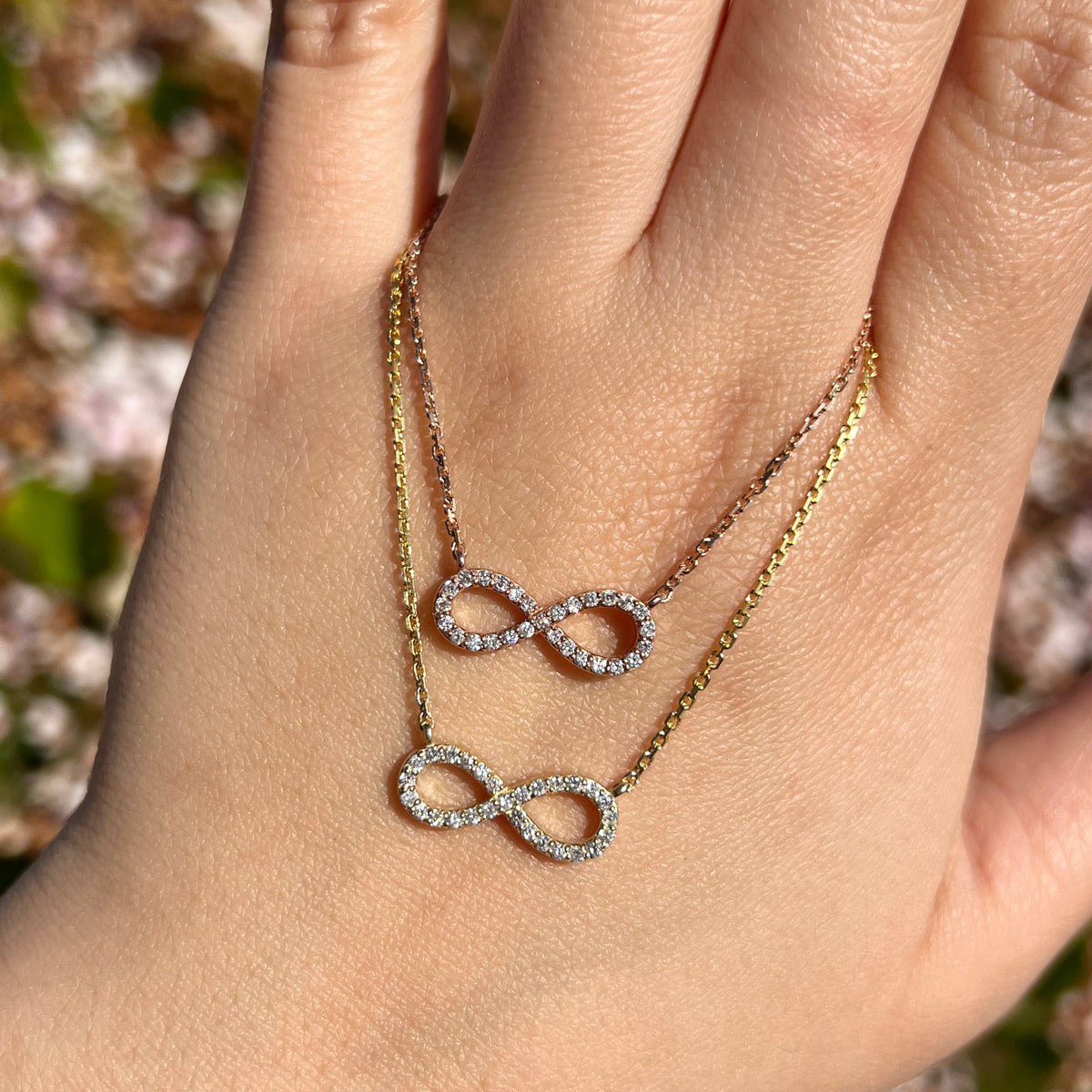 1.3mm Rolo Chain w/ Diamond Infinity Necklace 14K Solid Gold DFN003