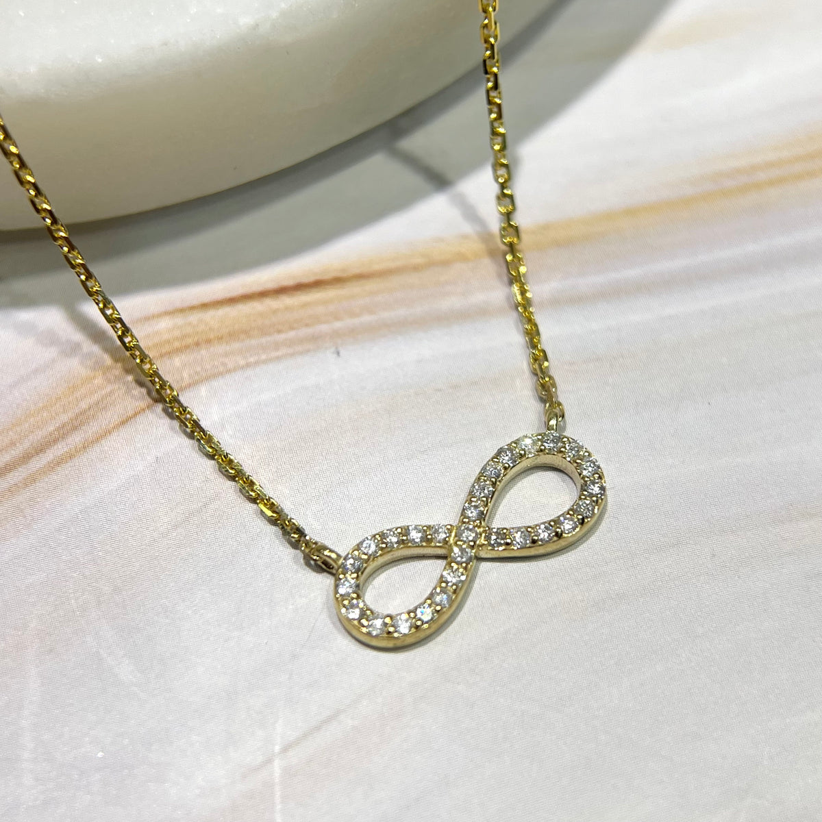 1.3mm Rolo Chain w/ Diamond Infinity Necklace 14K Solid Gold DFN003