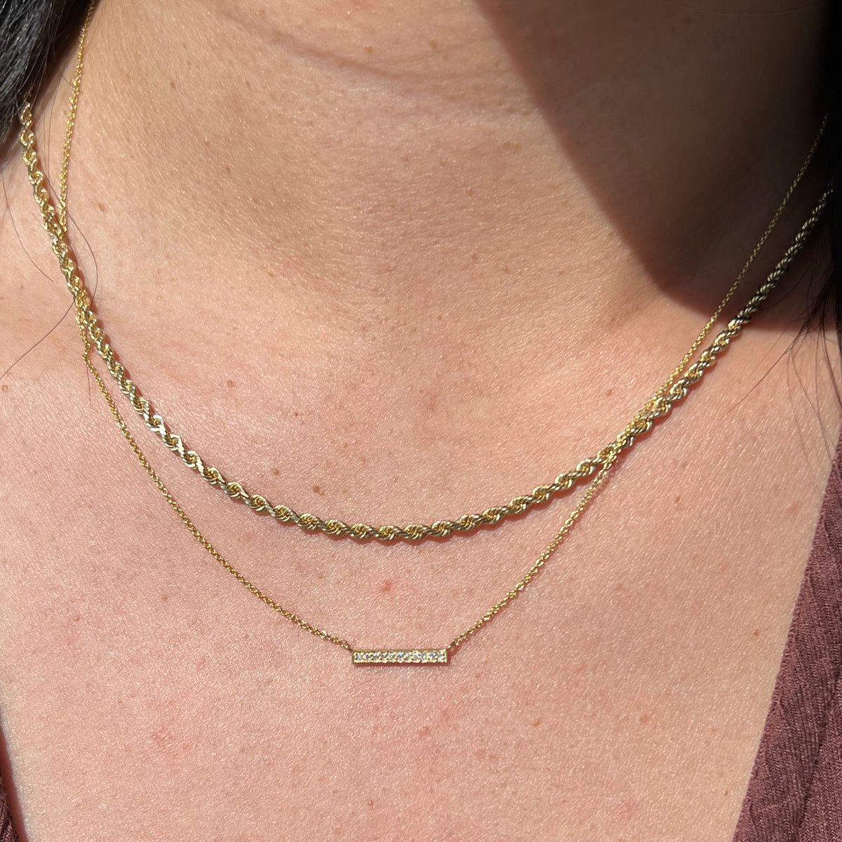 1.0mm Rolo Chain w/ Small Diamond Bar Necklace 14K Solid Gold DFN004