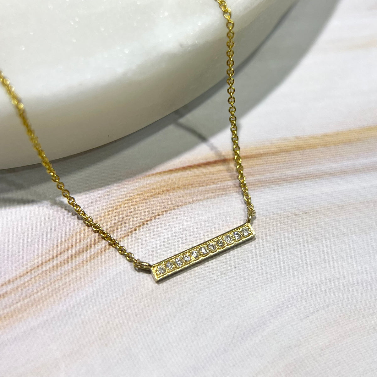 1.0mm Rolo Chain w/ Small Diamond Bar Necklace 14K Solid Gold DFN004