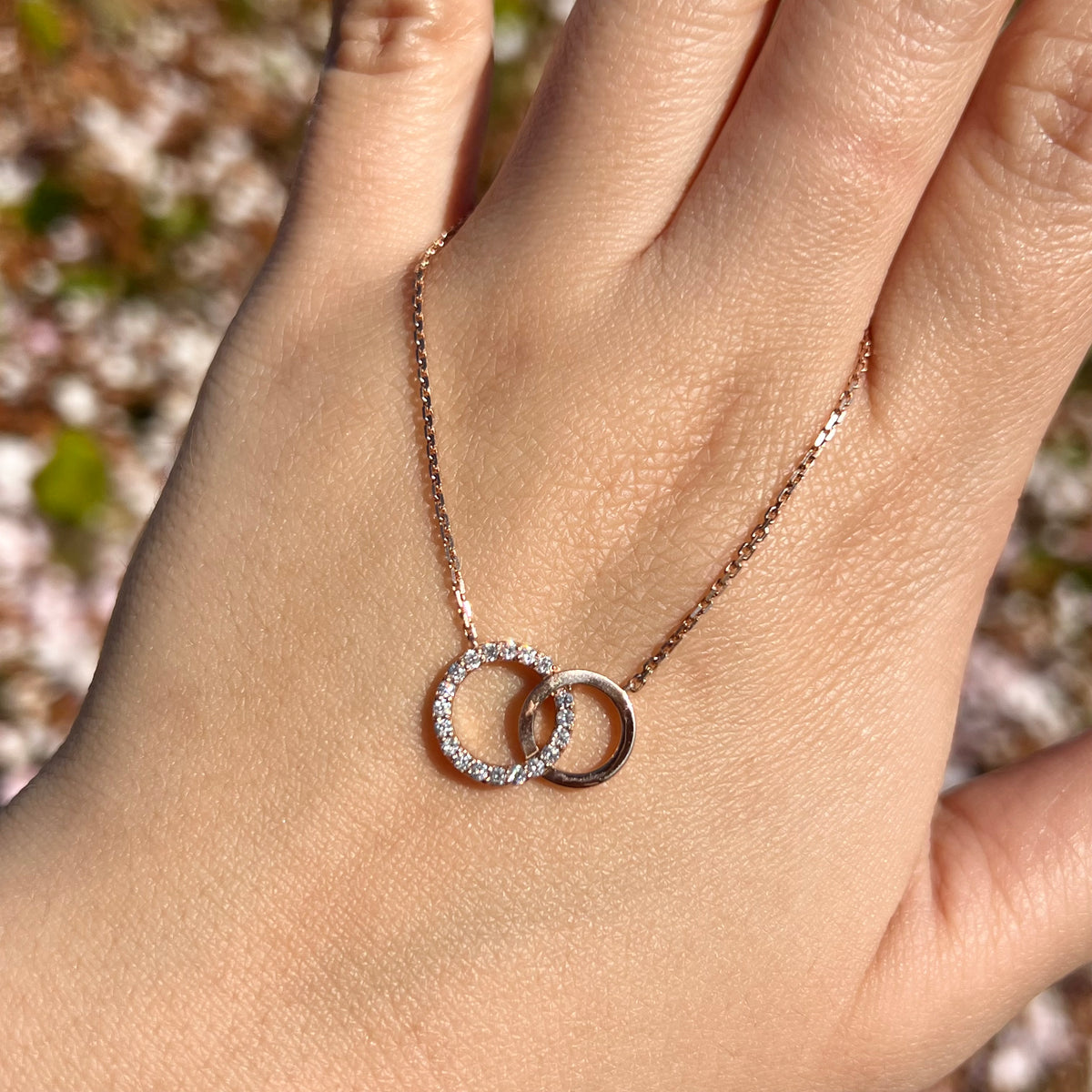 1.0mm Cable Chain w/ Diamond Interlocking Circle Necklace 14K Solid Gold DFN007