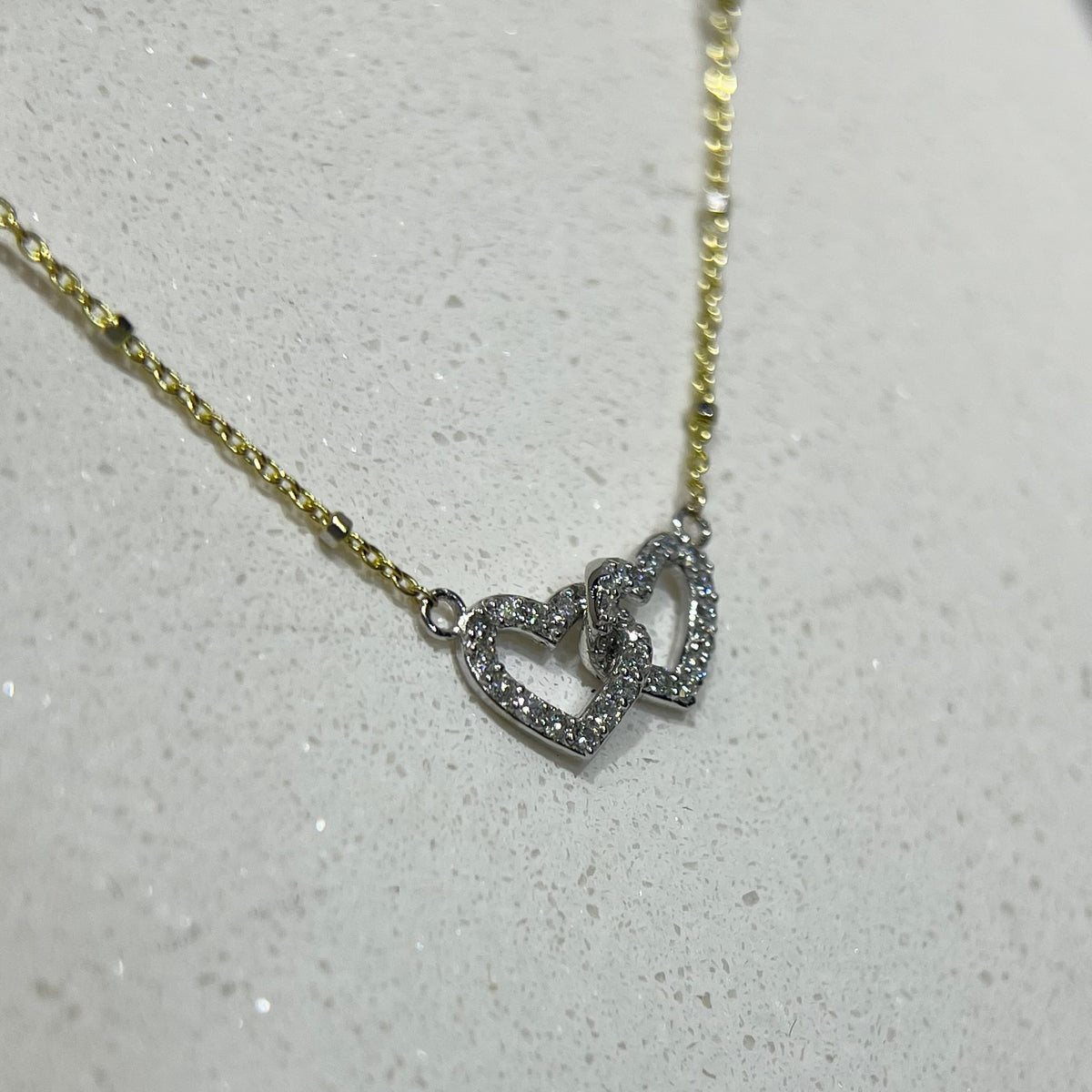 0.9mm Beaded Chain w/ Interlocking Diamond Hearts Two Tone Necklace 14K Gold DFN011