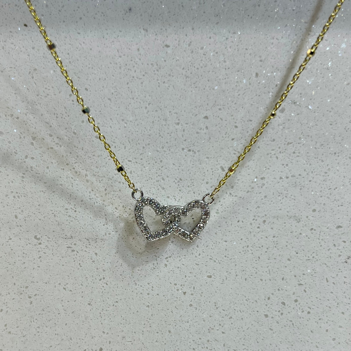 0.9mm Beaded Chain w/ Interlocking Diamond Hearts Two Tone Necklace 14K Gold DFN011