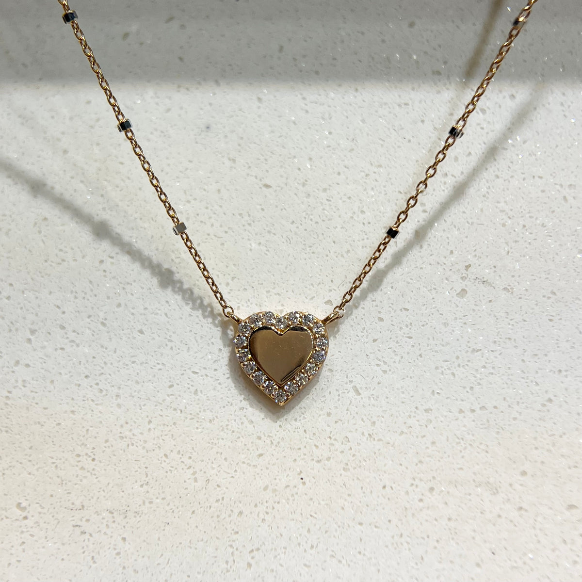 0.9mm Beaded Chain Diamond Halo Heart Necklace 14K Gold DFN014