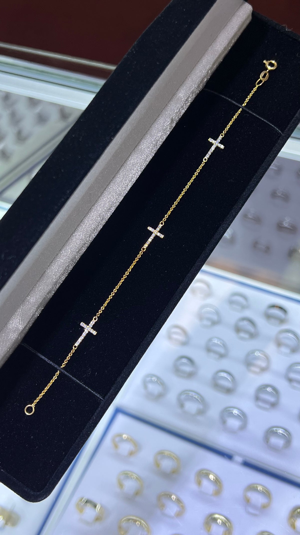 Triple Diamond Cross Charm Bracelet 14K Solid Gold DFB004