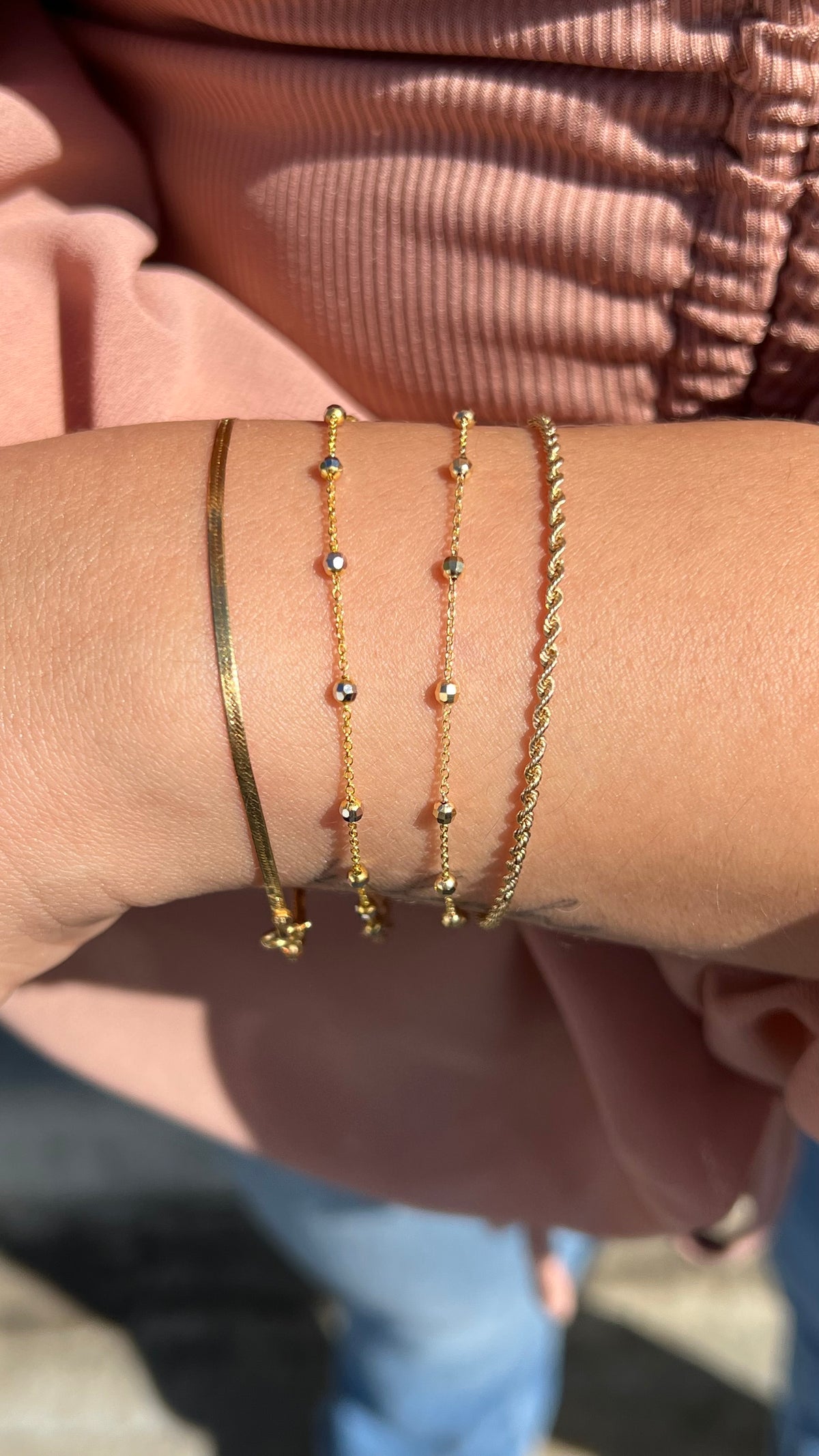 Small Beaded (White OR Yellow) Bracelet 14K Solid Gold DFB010