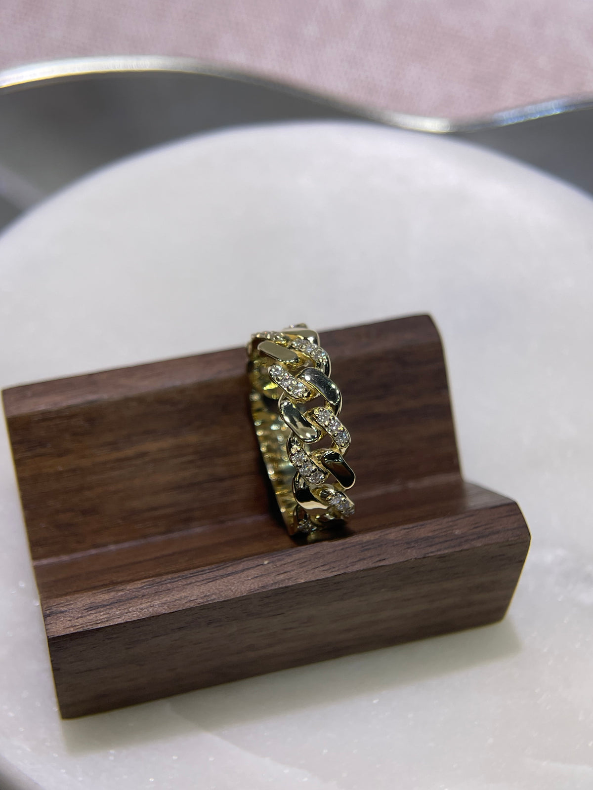 Polished Half Diamond Cuban Link Ring Solid 14K Gold MR030