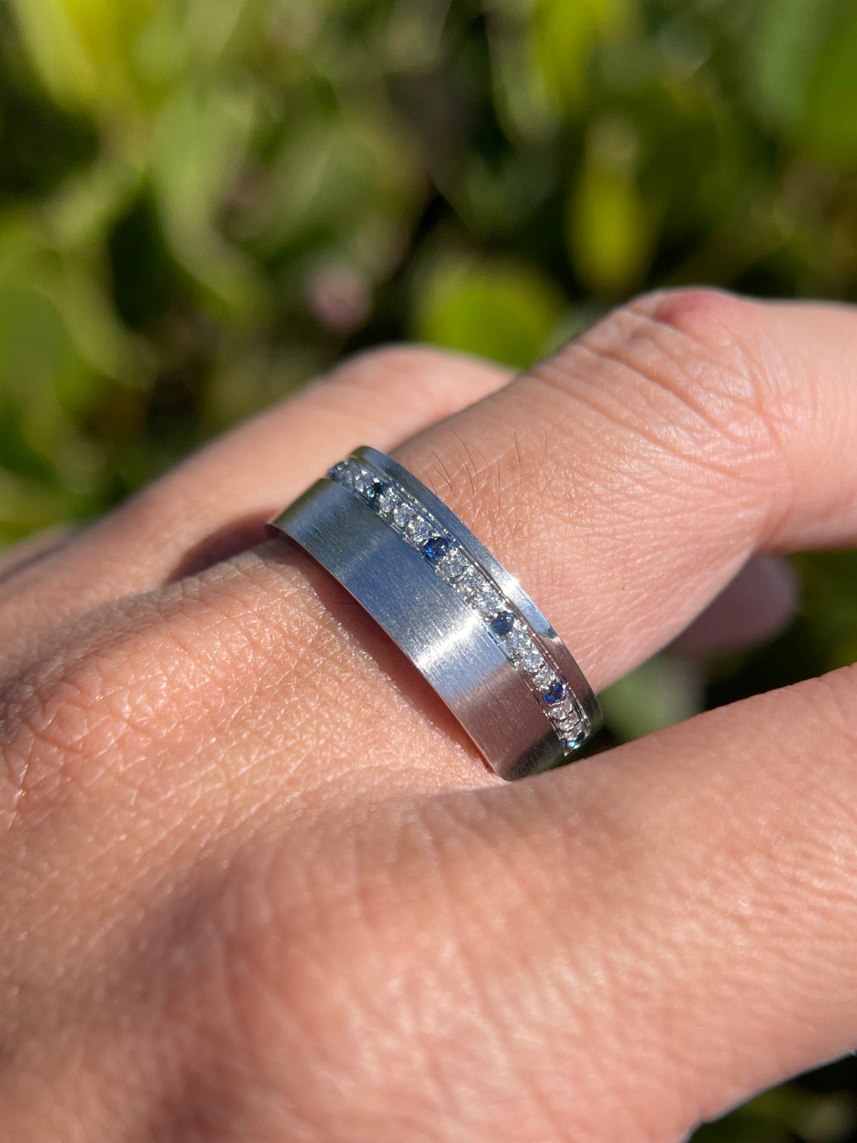 Brushed Off-Center Sapphire and Diamond Wedding Band 14K Gold MR014