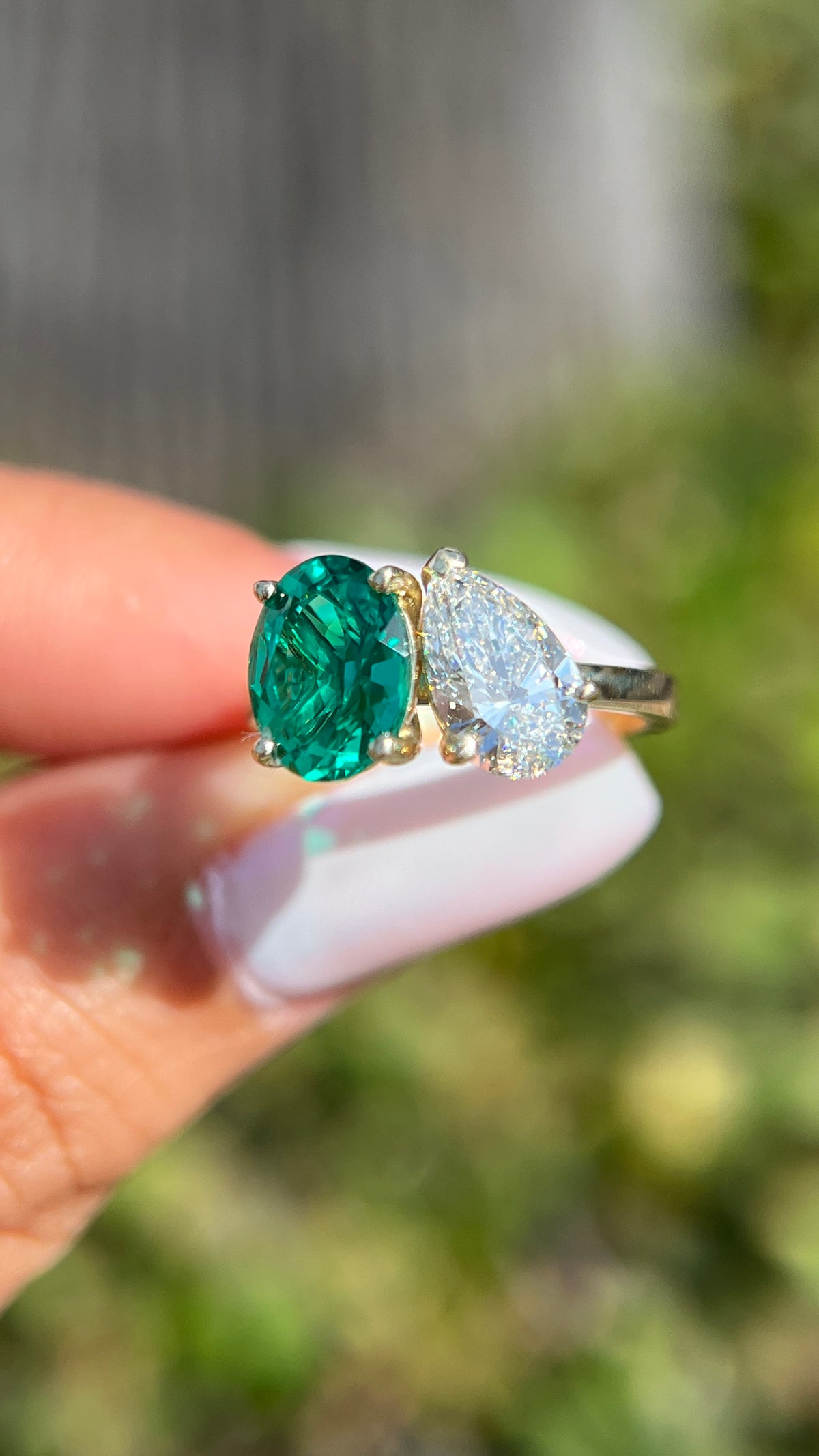 Toi Et Moi 1.56ct E-VS1 Pear Cut Lab Grown Diamond 1.75ct Oval Chatham Lab Emerald Engagement Ring 14K