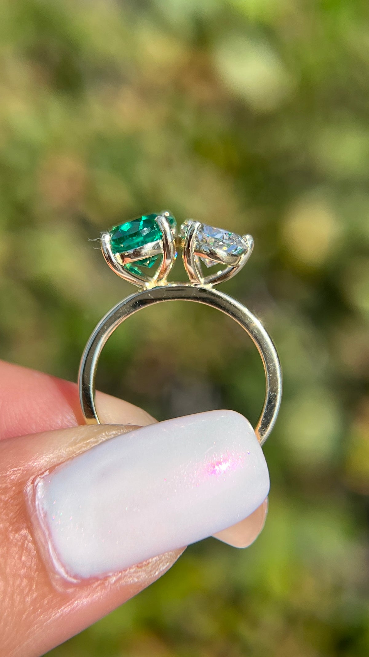 Toi Et Moi 1.56ct E-VS1 Pear Cut Lab Grown Diamond 1.75ct Oval Chatham Lab Emerald Engagement Ring 14K