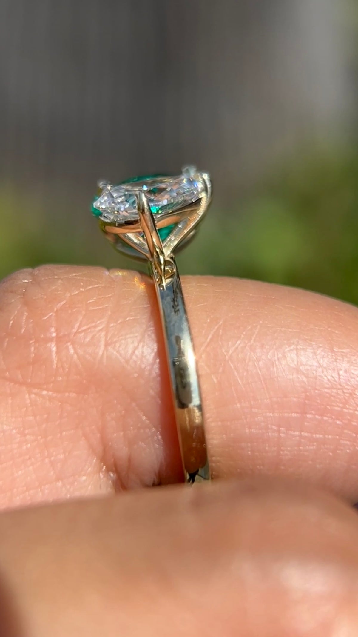 Toi Et Moi 1.56ct E-VS1 Pear Cut Lab Grown Diamond 1.75ct Oval Chatham Lab Emerald Engagement Ring 14K