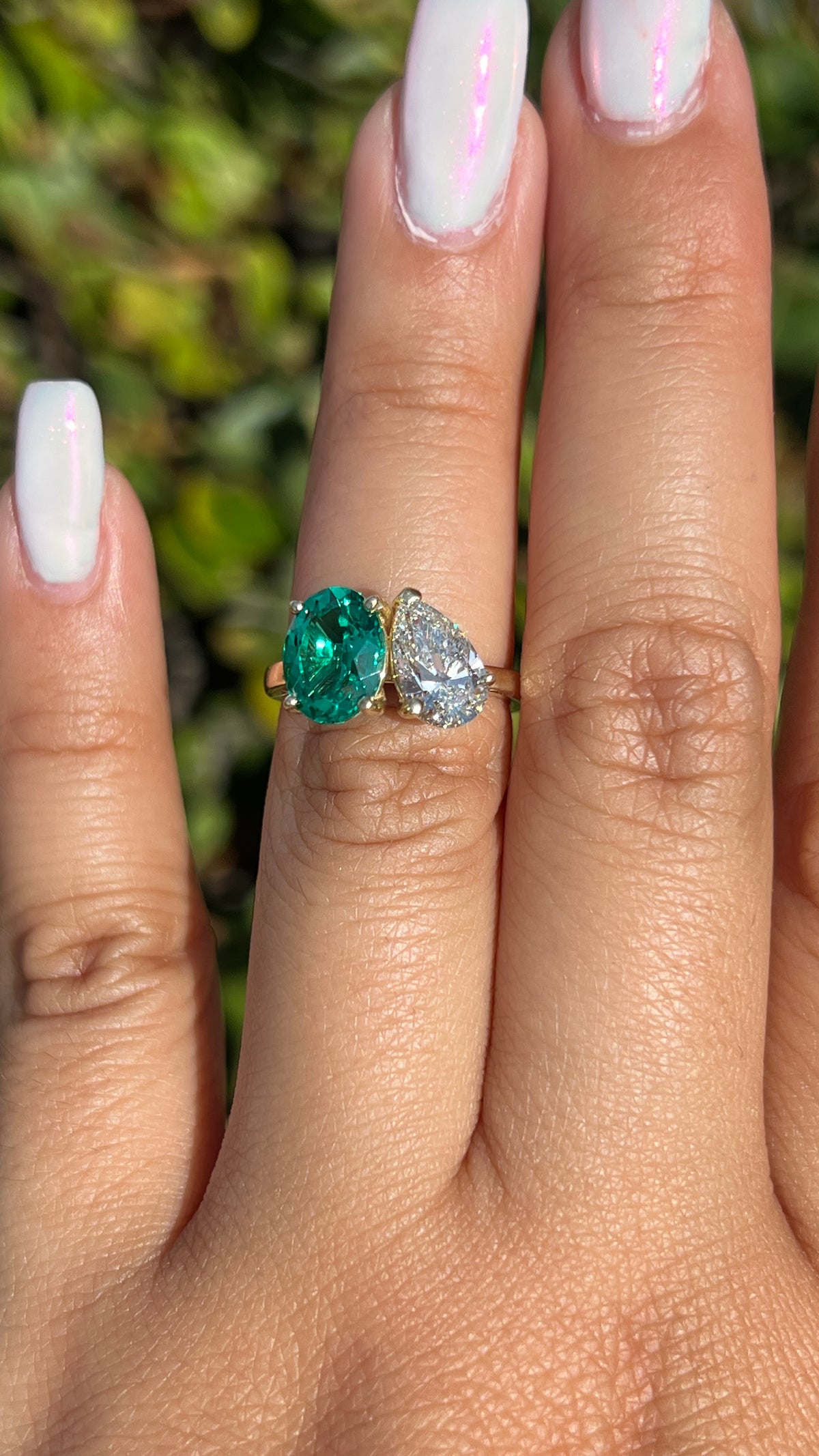Toi Et Moi 1.56ct E-VS1 Pear Cut Lab Grown Diamond 1.75ct Oval Chatham Lab Emerald Engagement Ring 14K