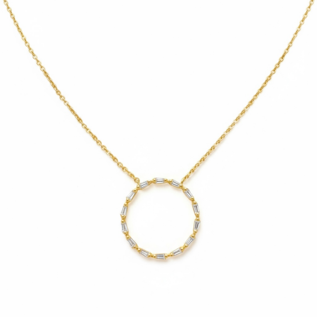 1.2mm Rolo Chain w/ Circle of Life Diamond Baguette Necklace 14K Solid Gold DFN009