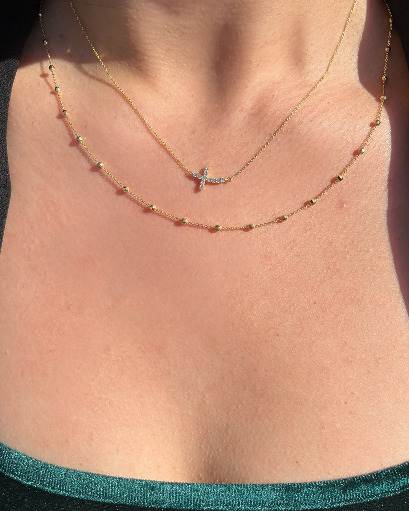 0.9mm Rolo Chain w/ Small Diamond Cross Necklace 14K Solid Gold DFN001