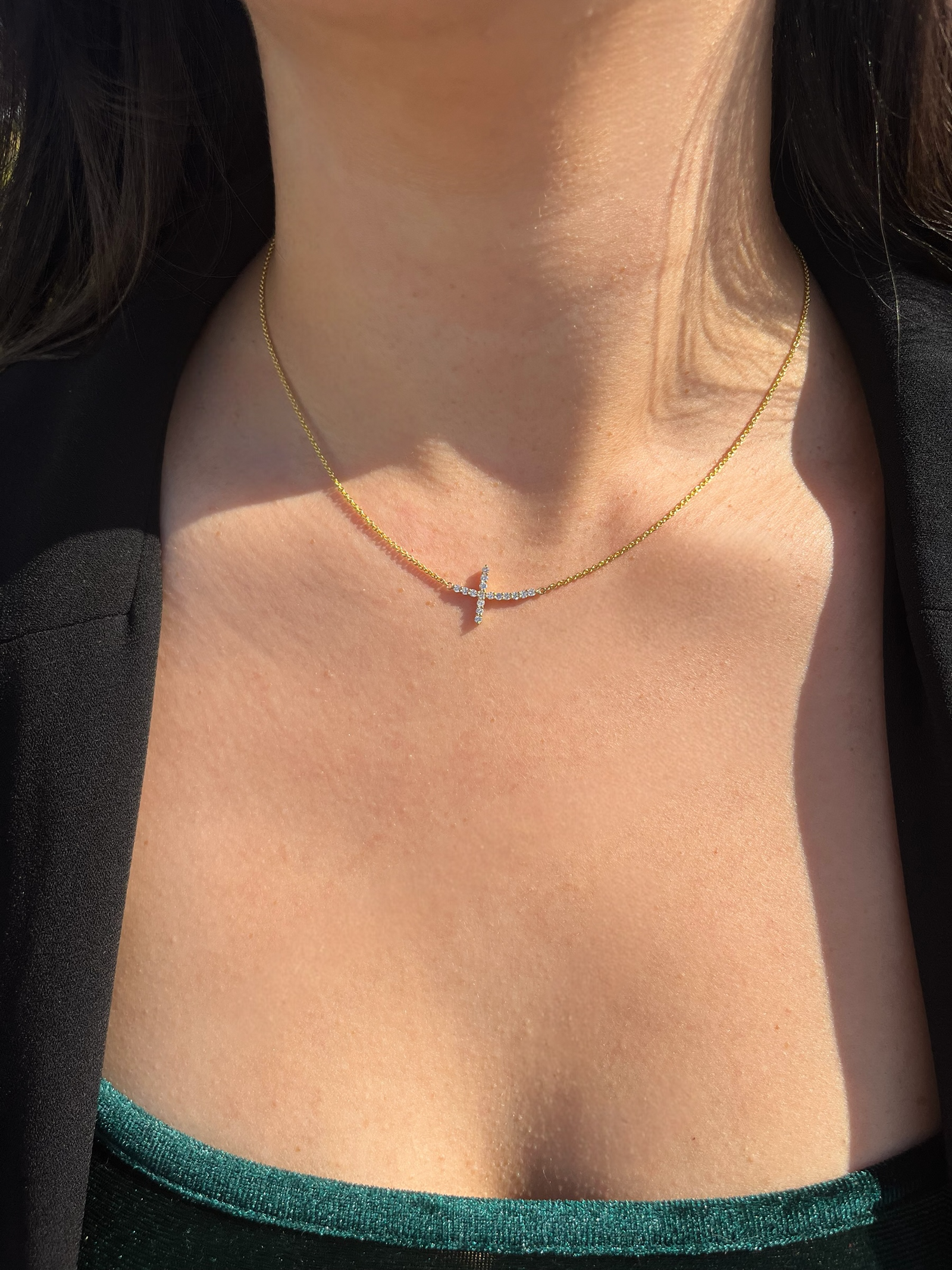 1.3mm Rolo Chain w/ Large Diamond Cross Necklace 14K Solid Gold DFN002