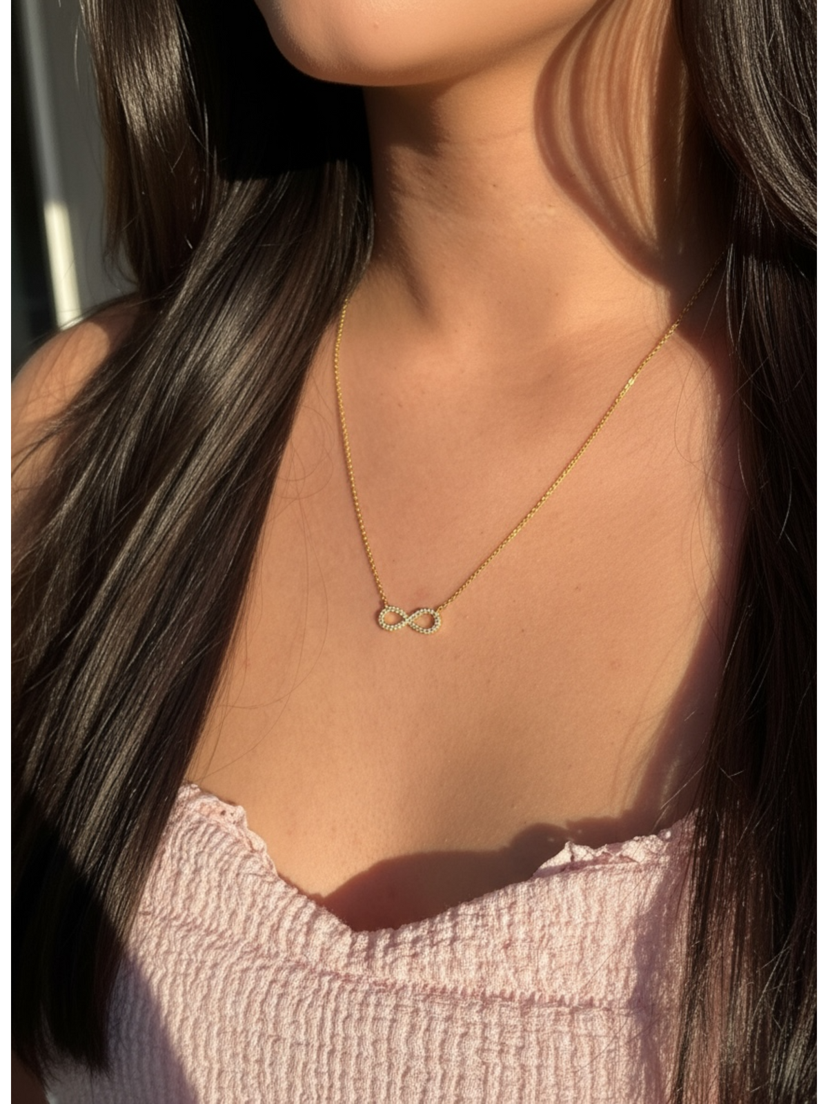 1.3mm Rolo Chain w/ Diamond Infinity Necklace 14K Solid Gold DFN003