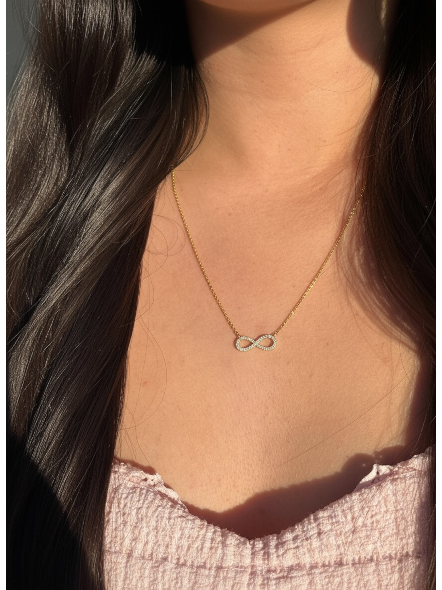 1.3mm Rolo Chain w/ Diamond Infinity Necklace 14K Solid Gold DFN003