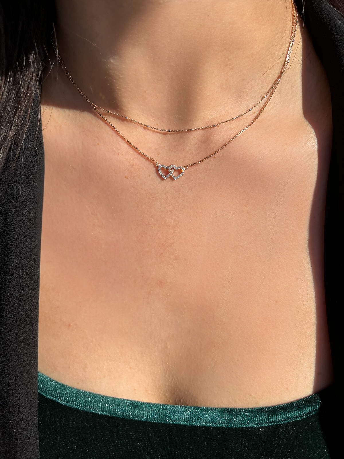 0.8mm Cable Chain w/ Interlocking Diamond Hearts Necklace 14K Solid Gold DFN010