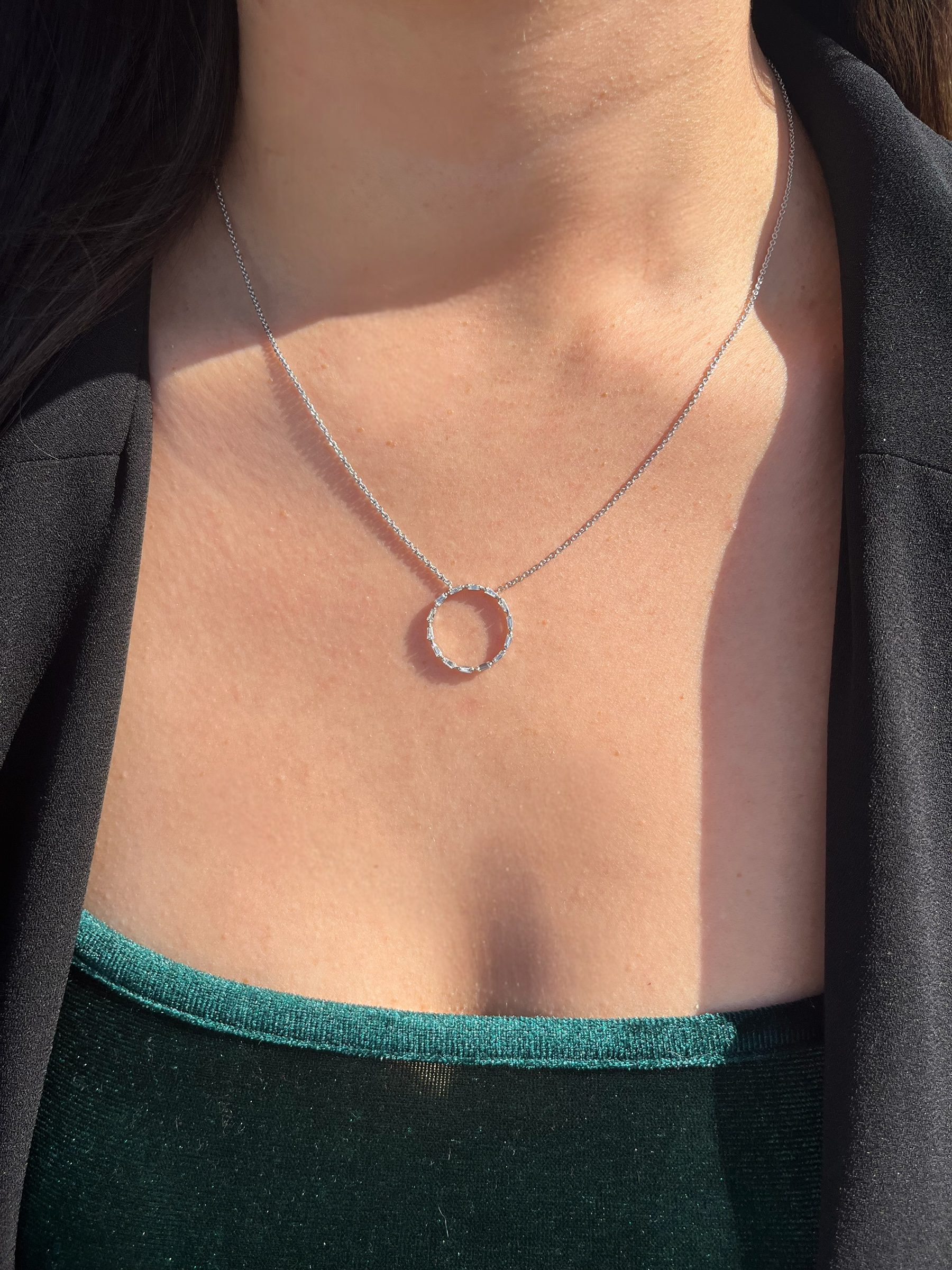 1.2mm Rolo Chain w/ Circle of Life Diamond Baguette Necklace 14K Solid Gold DFN009