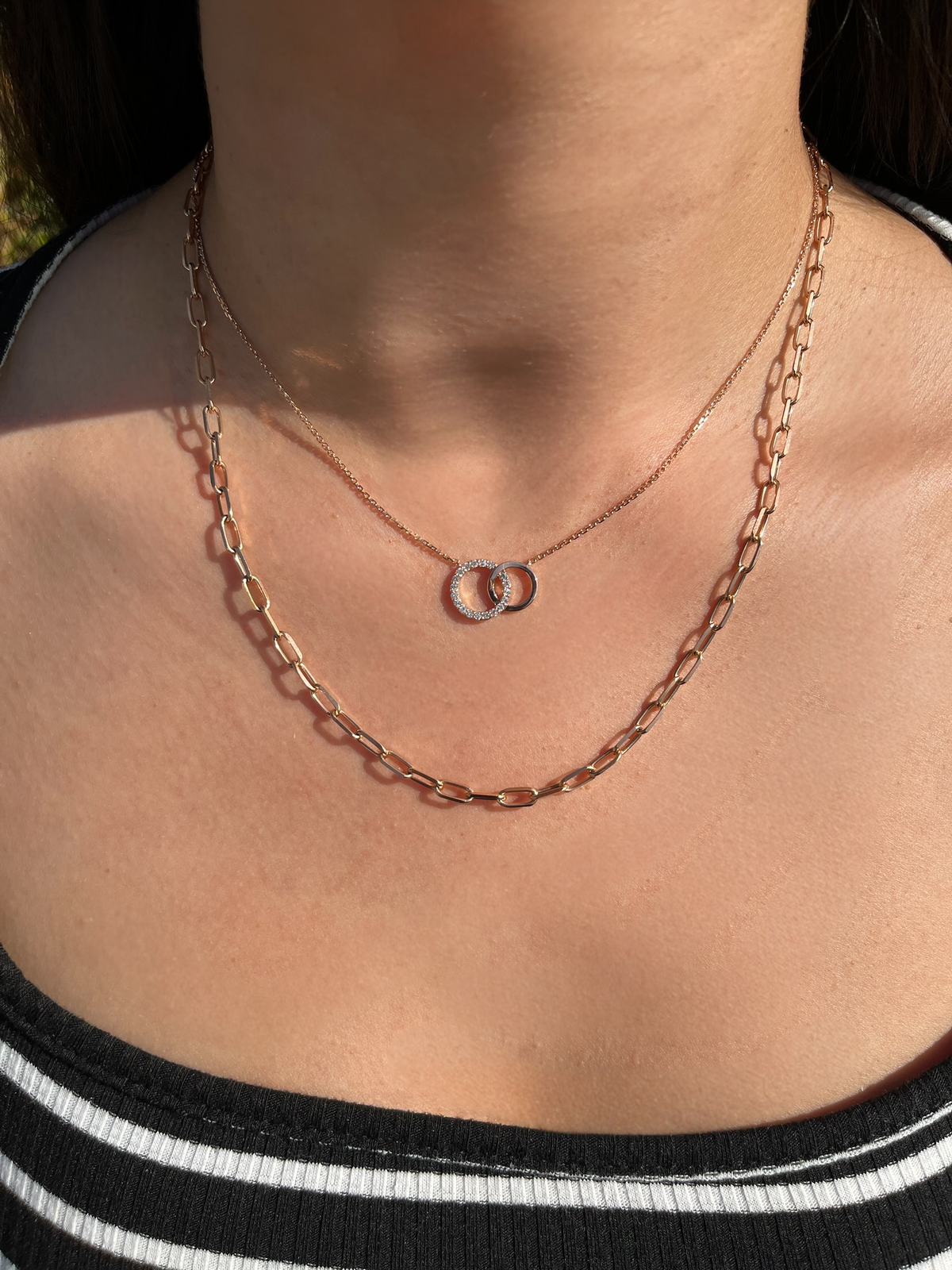 1.0mm Cable Chain w/ Diamond Interlocking Circle Necklace 14K Solid Gold DFN007