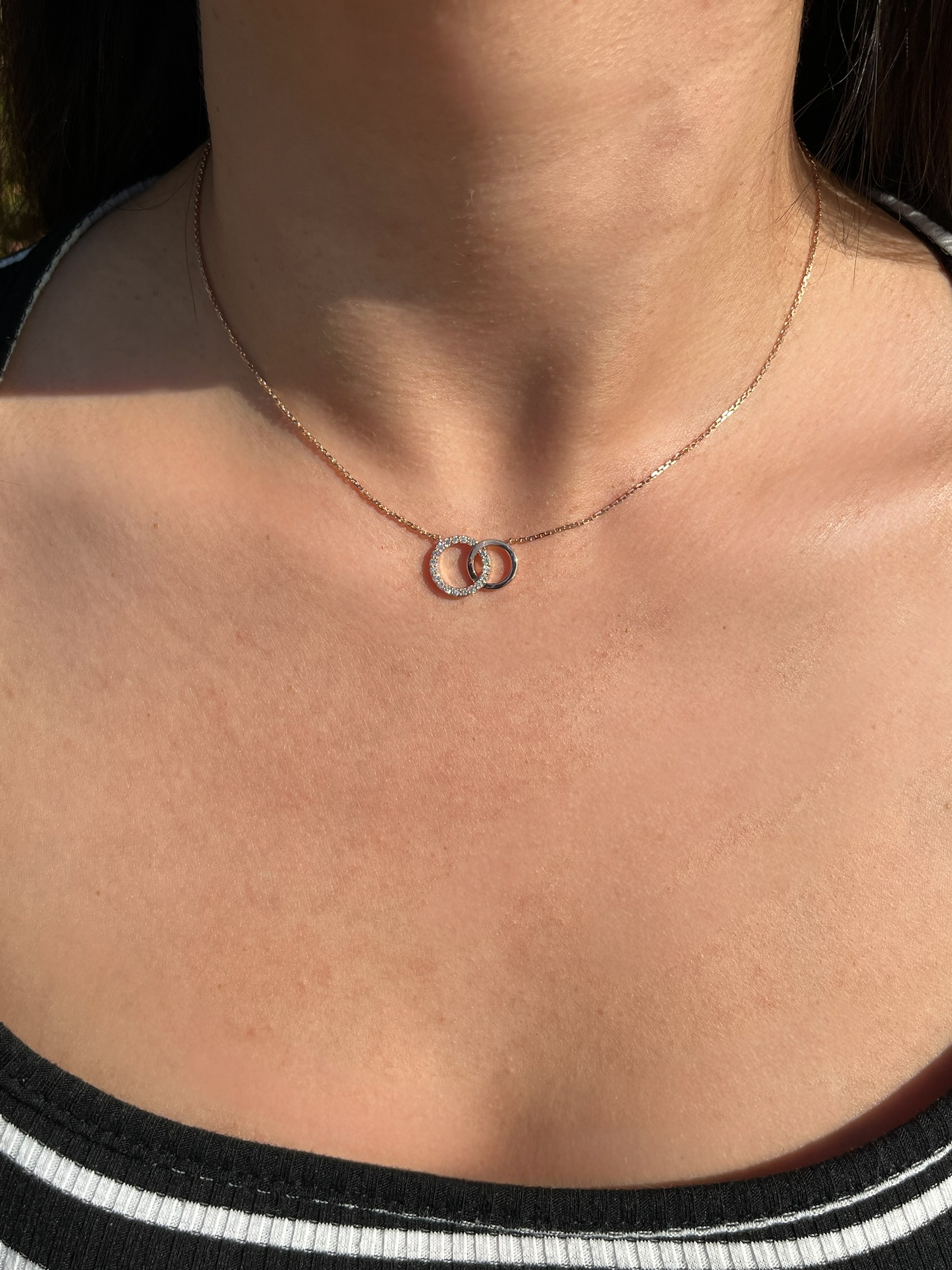 1.0mm Cable Chain w/ Diamond Interlocking Circle Necklace 14K Solid Gold DFN007