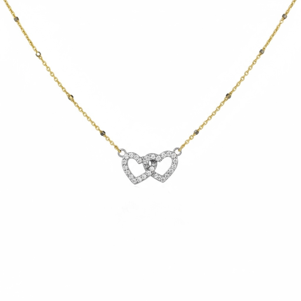 0.9mm Beaded Chain w/ Interlocking Diamond Hearts Two Tone Necklace 14K Gold DFN011