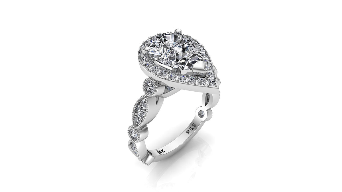 10x7mm (1.80ct) ForeverOne Pear Moissanite Round Marquise Style Milgrain Band 14K Gold Engagement Ring MOENG040