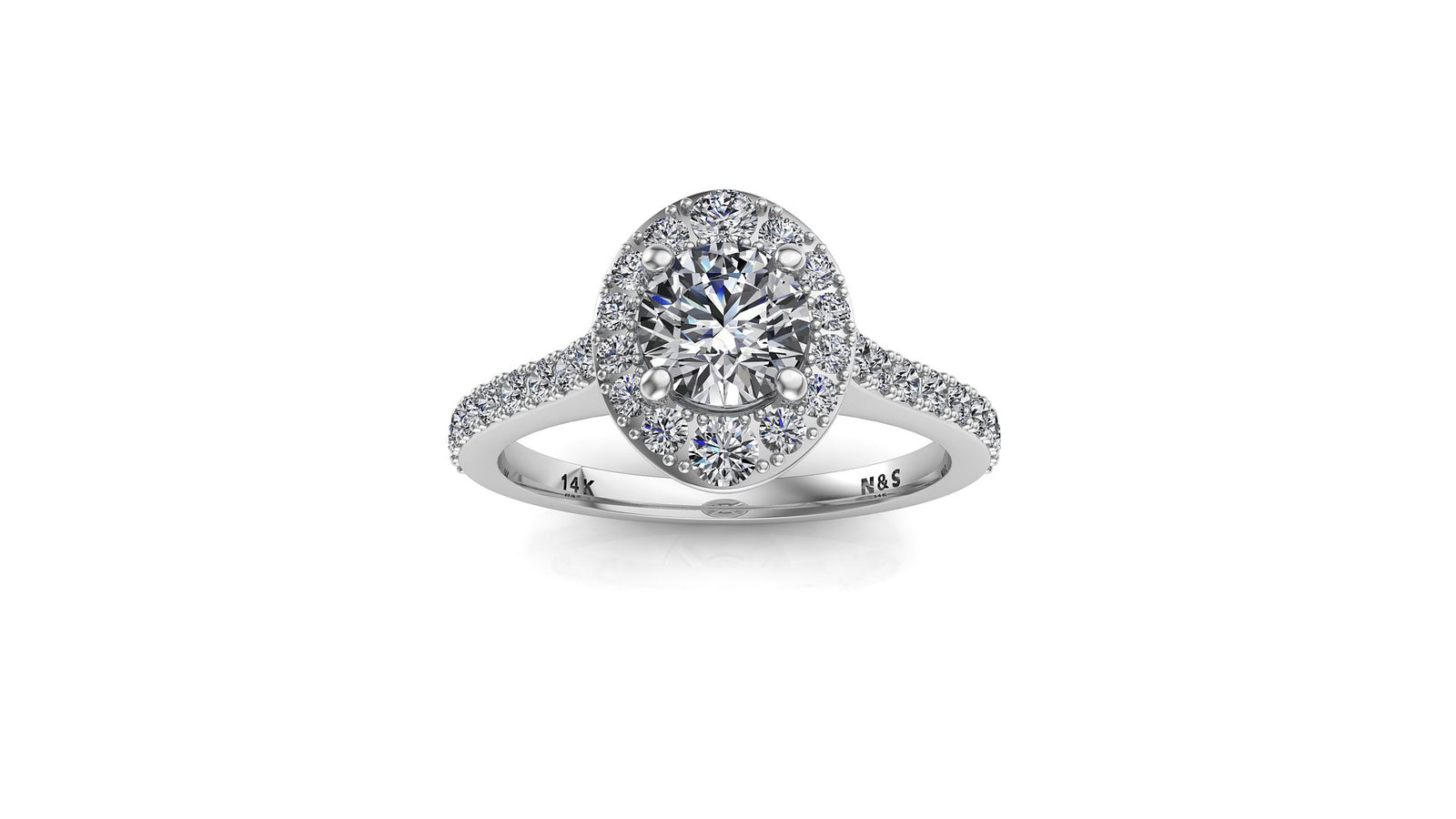 5.5mm (0.60ct)  ForeverOne Round Moissanite Diamond Halo Cathedral Set Engagement Ring 14K MOENG016