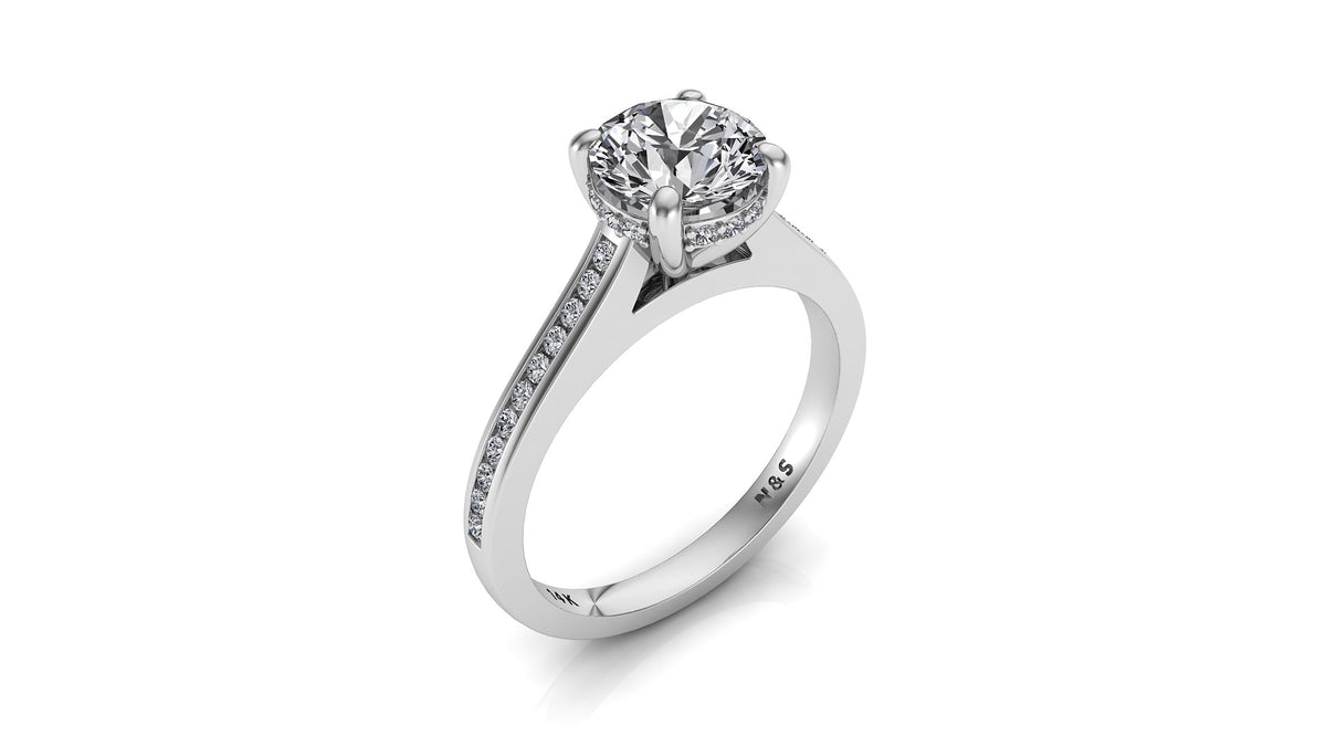 6.5mm (1.00ct) ForeverOne Round Moissanite Four Prong Diamond Underhalo Channel Setting Engagement Ring 14K Gold MOENG093