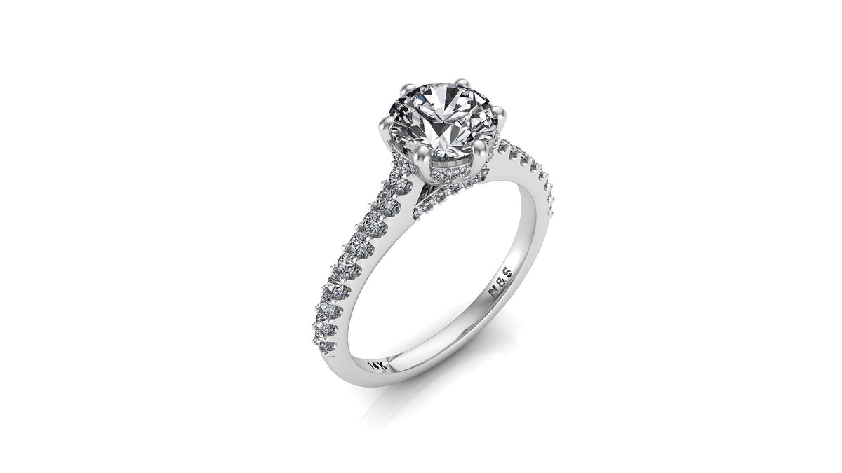 6.0mm (0.80ct) Jennifer ForeverOne Round Moissanite Underhalo Diamond Bridge Engagement Ring 14K Gold MOENG057