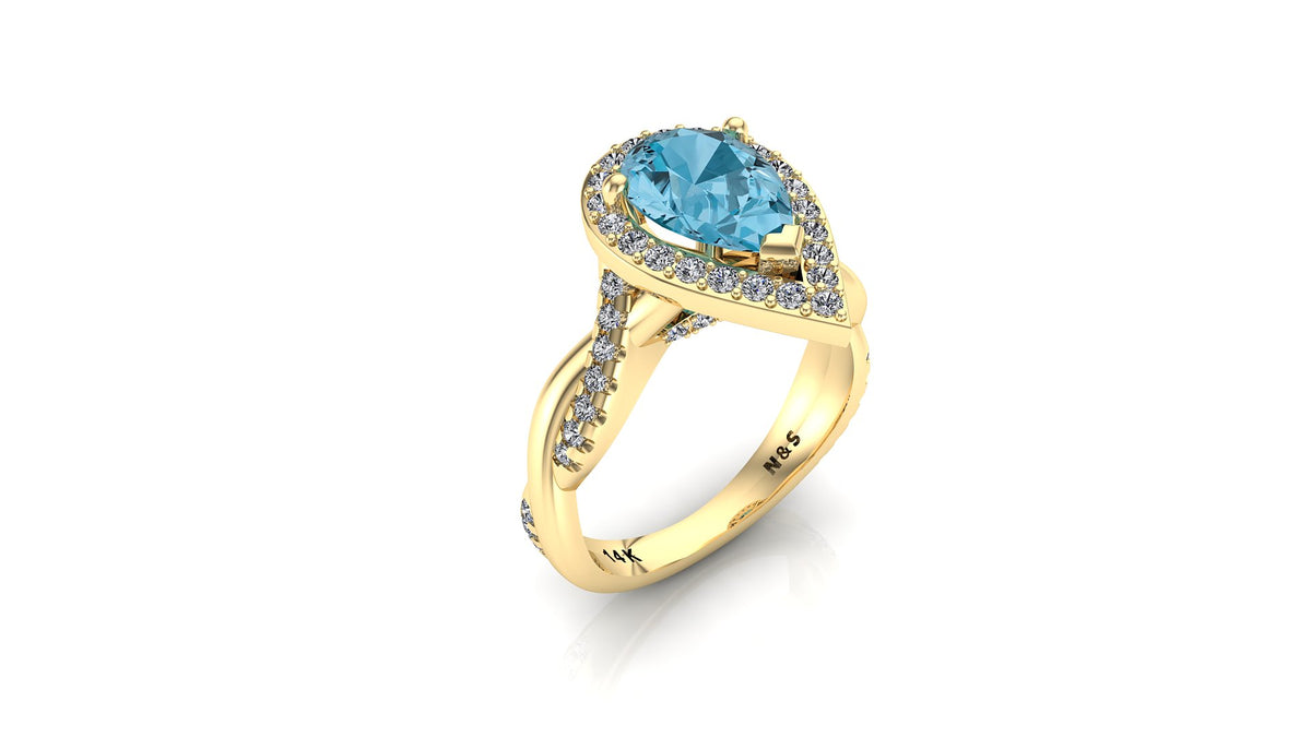 9x6mm (1.30ct) Single Diamond Twist Pear Cut Blue Topaz Diamond Halo 14K Gold Ring BSAQ013