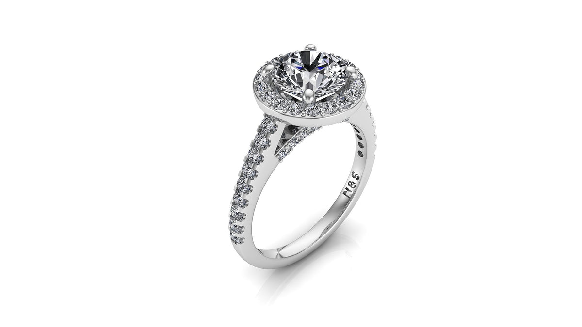 6.5mm (1.00ct) ForeverOne Round Moissanite Halo Cathedral Set Diamond Bridge Band 14K Gold Engagement Ring MOENG009