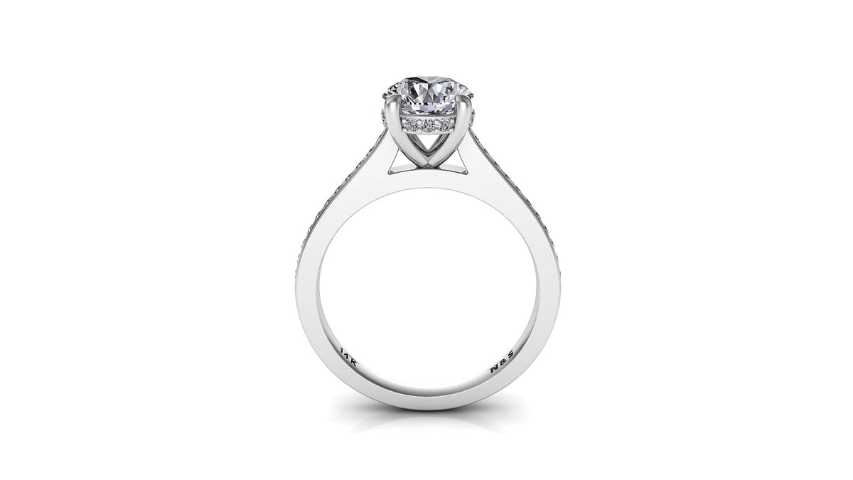 6.5mm (1.00ct) ForeverOne Round Moissanite Four Prong Diamond Underhalo Channel Setting Engagement Ring 14K Gold MOENG093